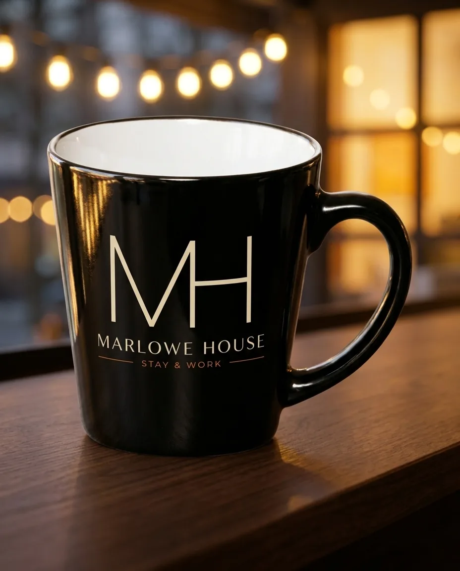Custom latte mug in glossy black with a white interior in side profile on a walnut counter, showing the tapered shape and high curved handle, with a two color monogram printed on the front