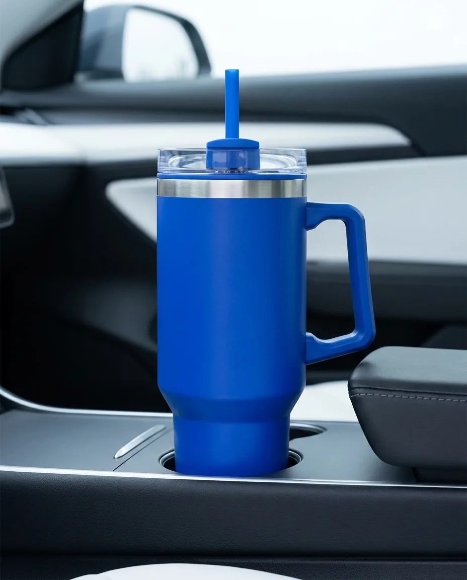 Promotional 40 oz tumbler in royal blue matte finish sitting in a car console cup holder, showing the tapered base, clear lid and fixed handle