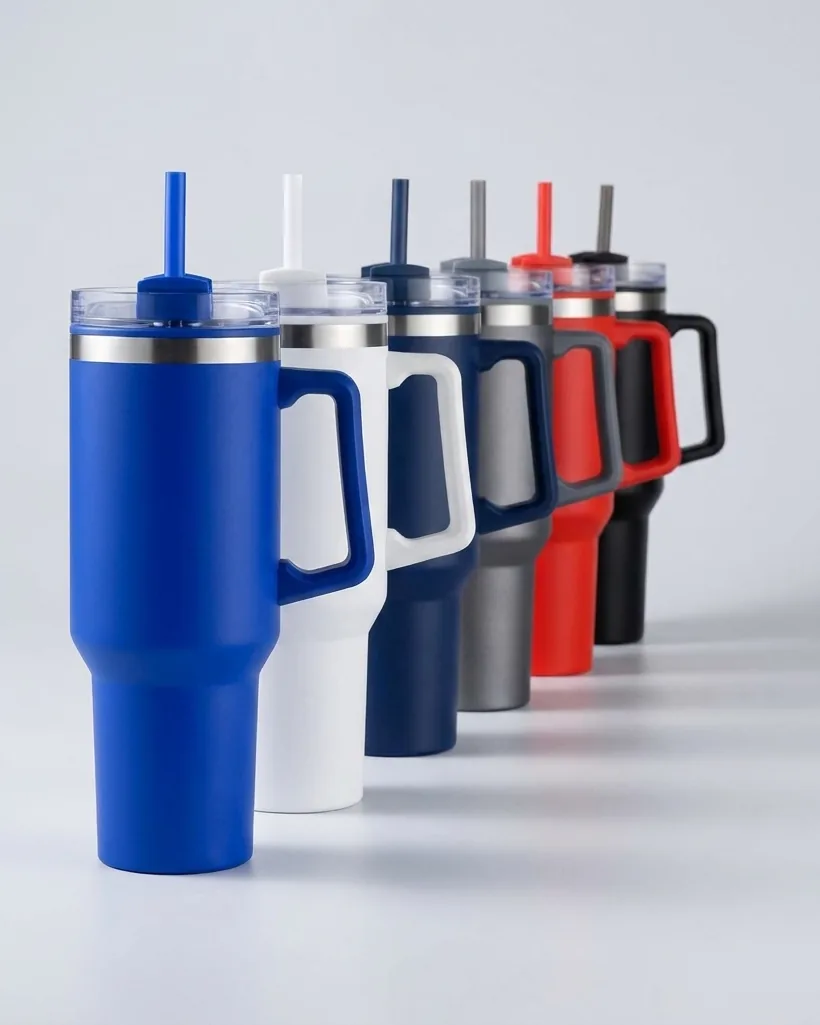 Promotional 40 oz tumblers in royal blue, white, navy blue, gray, red and black matte finish standing in a receding line on a pale gray studio floor