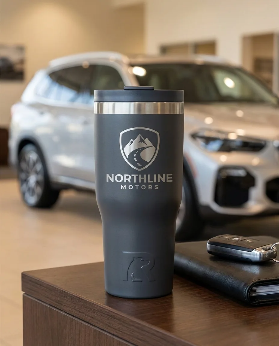 Custom RTIC tumbler in Graphite with a laser engraved dealership logo on a delivery desk beside a key fob and folder