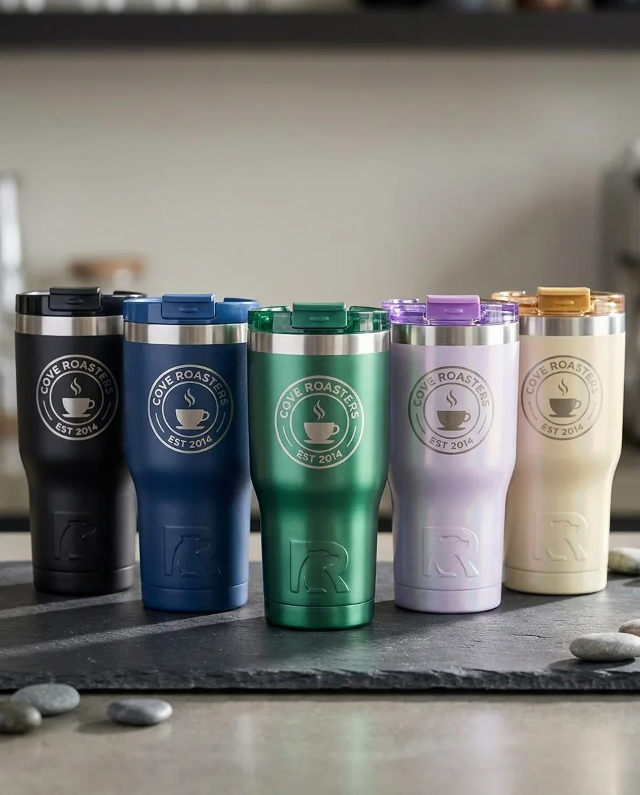 Five custom RTIC tumblers in Black, Navy Blue, Emerald Green Metallic, Lavender Glitter and Sunlight Glitter, each with a laser engraved coffee roaster badge