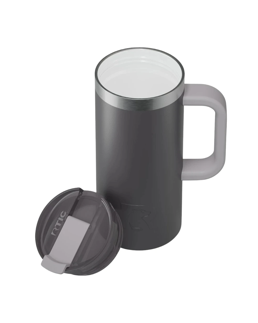 Custom coffee travel mugs in Graphite (open lid)