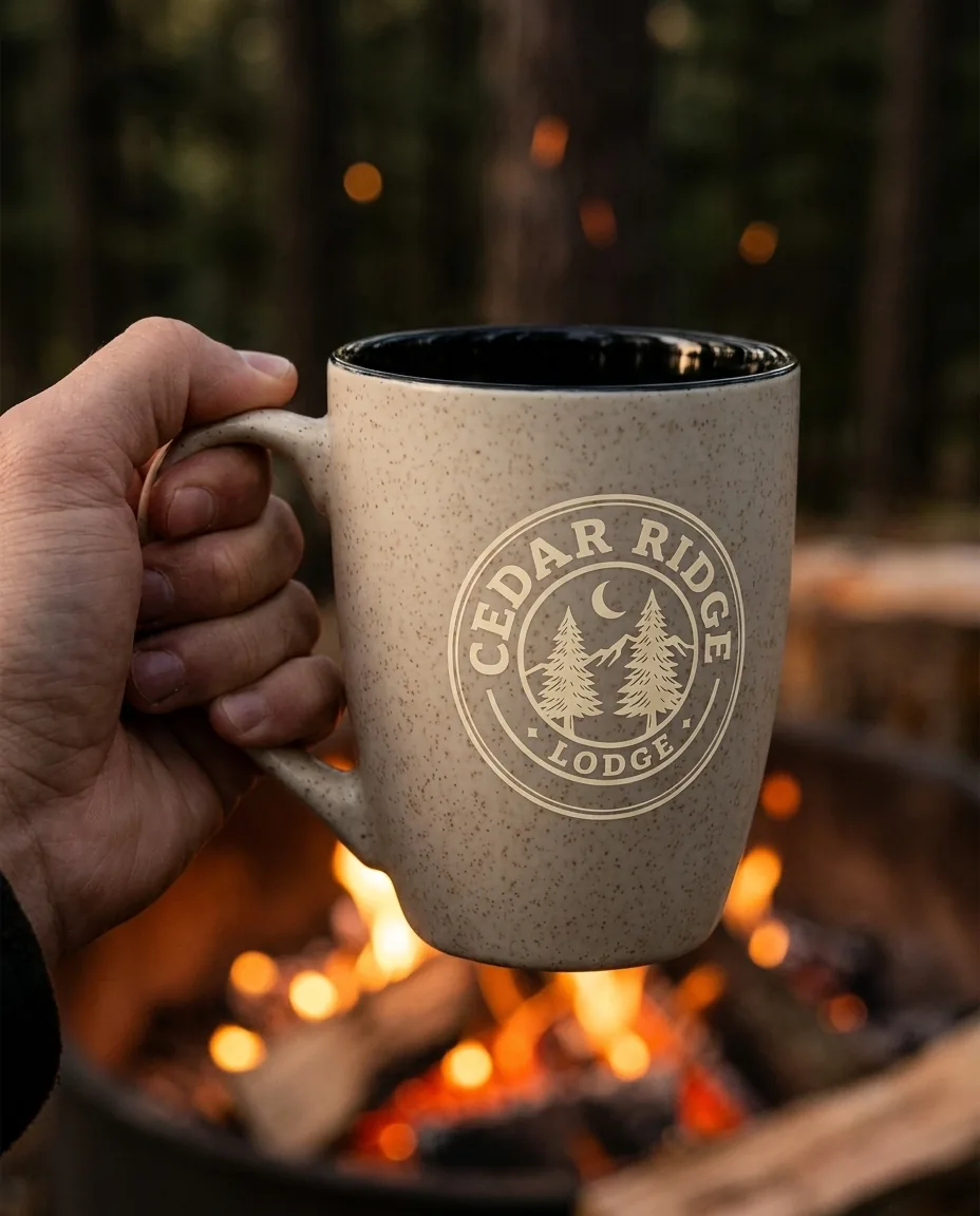 Hand wrapped around the comfort-grip handle of a custom speckled stoneware coffee mug with a black interior and a cream printed lodge badge, by a campfire