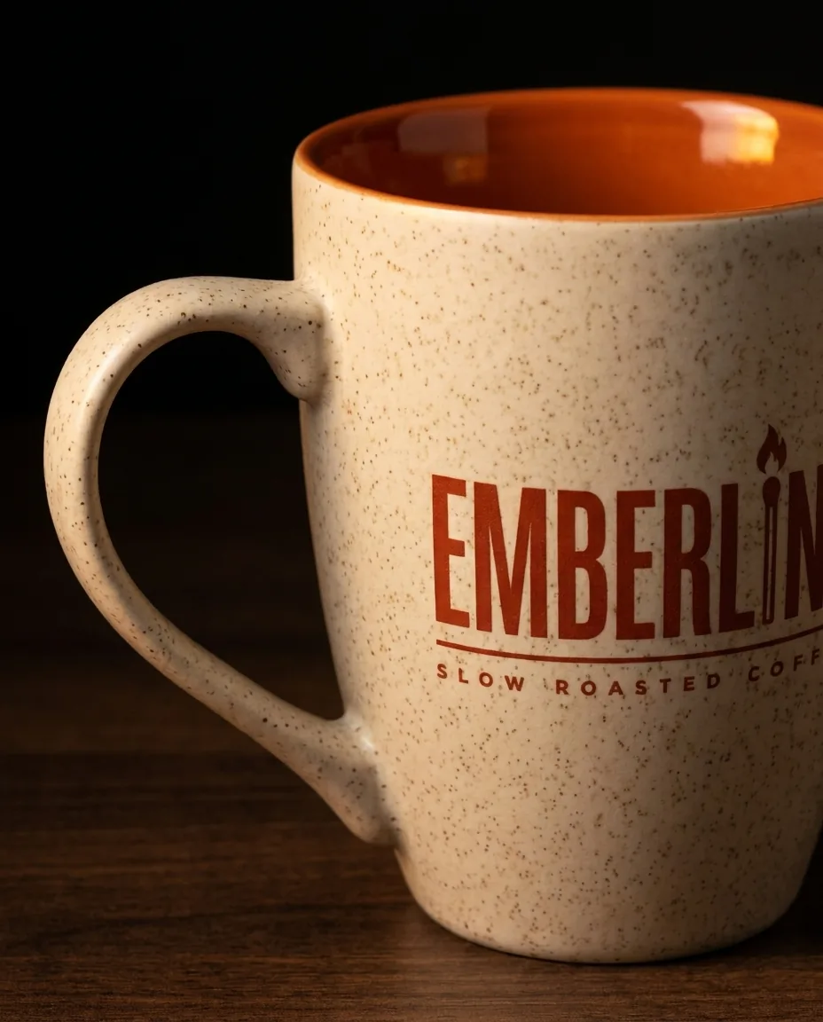 Close-up of a custom coffee mug in matte speckled stoneware with a glossy orange interior and a rust screen printed roaster wordmark, on dark walnut
