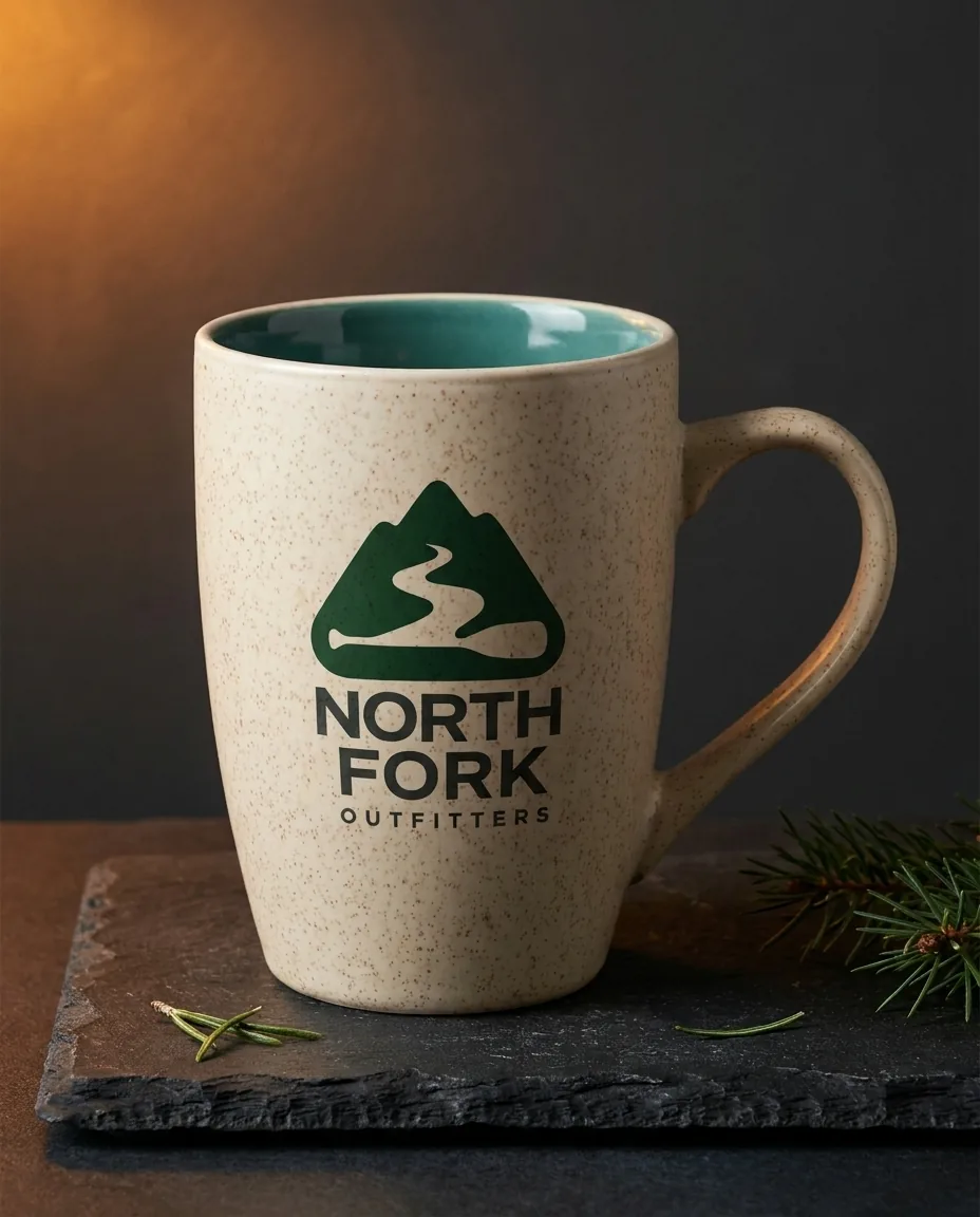Custom speckled stoneware coffee mug with a teal interior and a full color outfitter logo printed on the front, standing on dark slate with pine sprigs