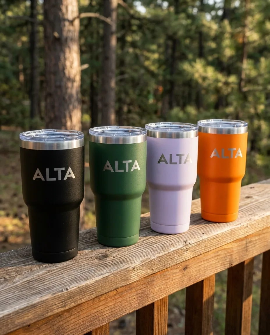 Four custom insulated tumblers in Black, Forest Green, Lavender and Orange lined up on a cabin porch rail, each with a laser engraved logo