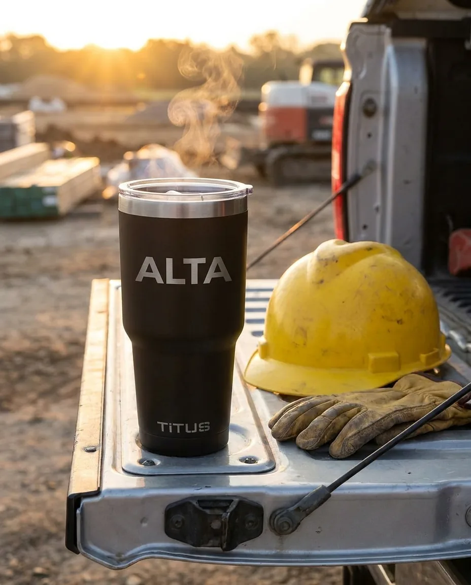 Custom insulated tumbler in Black with a laser engraved logo standing on a pickup tailgate beside a hard hat at sunrise
