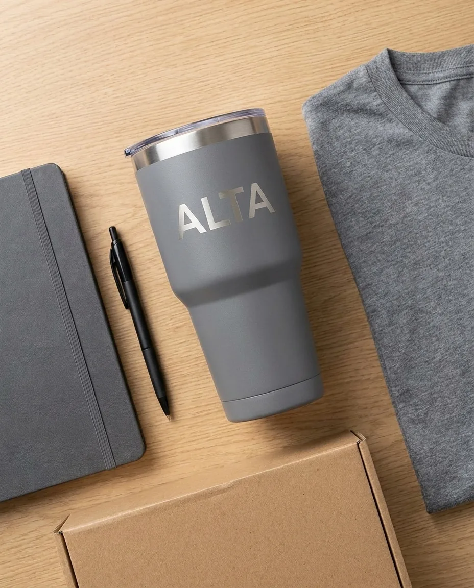 Custom insulated tumbler in Gray with a laser engraved logo in a new hire welcome kit beside a notebook, pen and folded tee