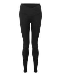Custom leggings in Black, front view of the women's high-rise recycled nylon legging with a crossover V-front waistband