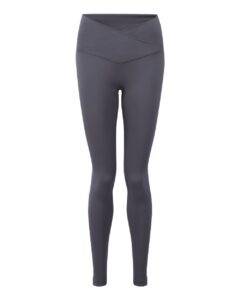 Custom leggings in Charcoal, front view of the women's high-rise recycled nylon legging with a crossover V-front waistband