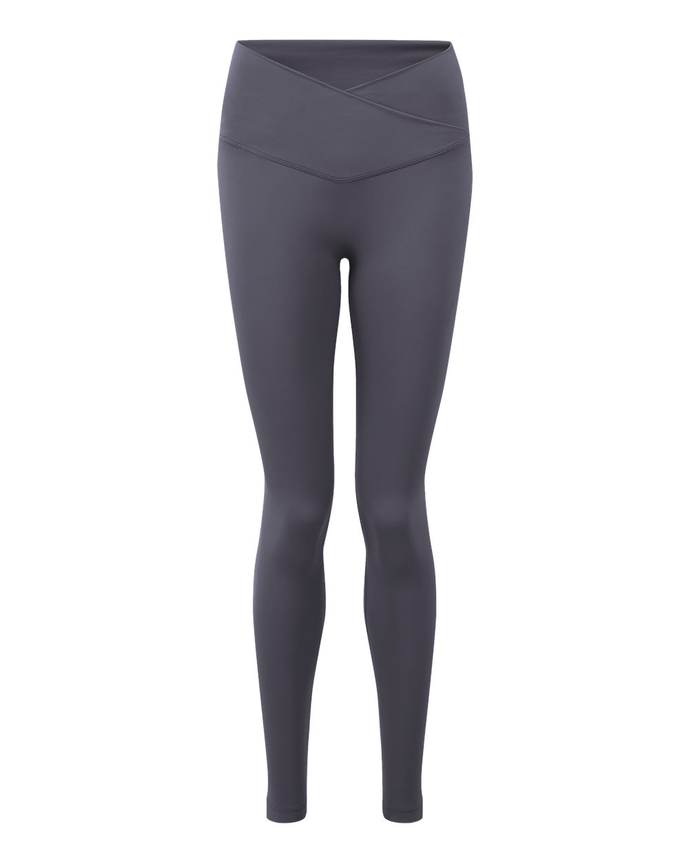 Custom leggings in Charcoal, front view of the women's high-rise recycled nylon legging with a crossover V-front waistband