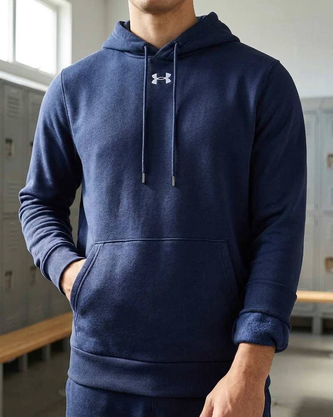 Custom team hoodies detail showing the brushed fleece interior, ribbed cuff and front pouch pocket