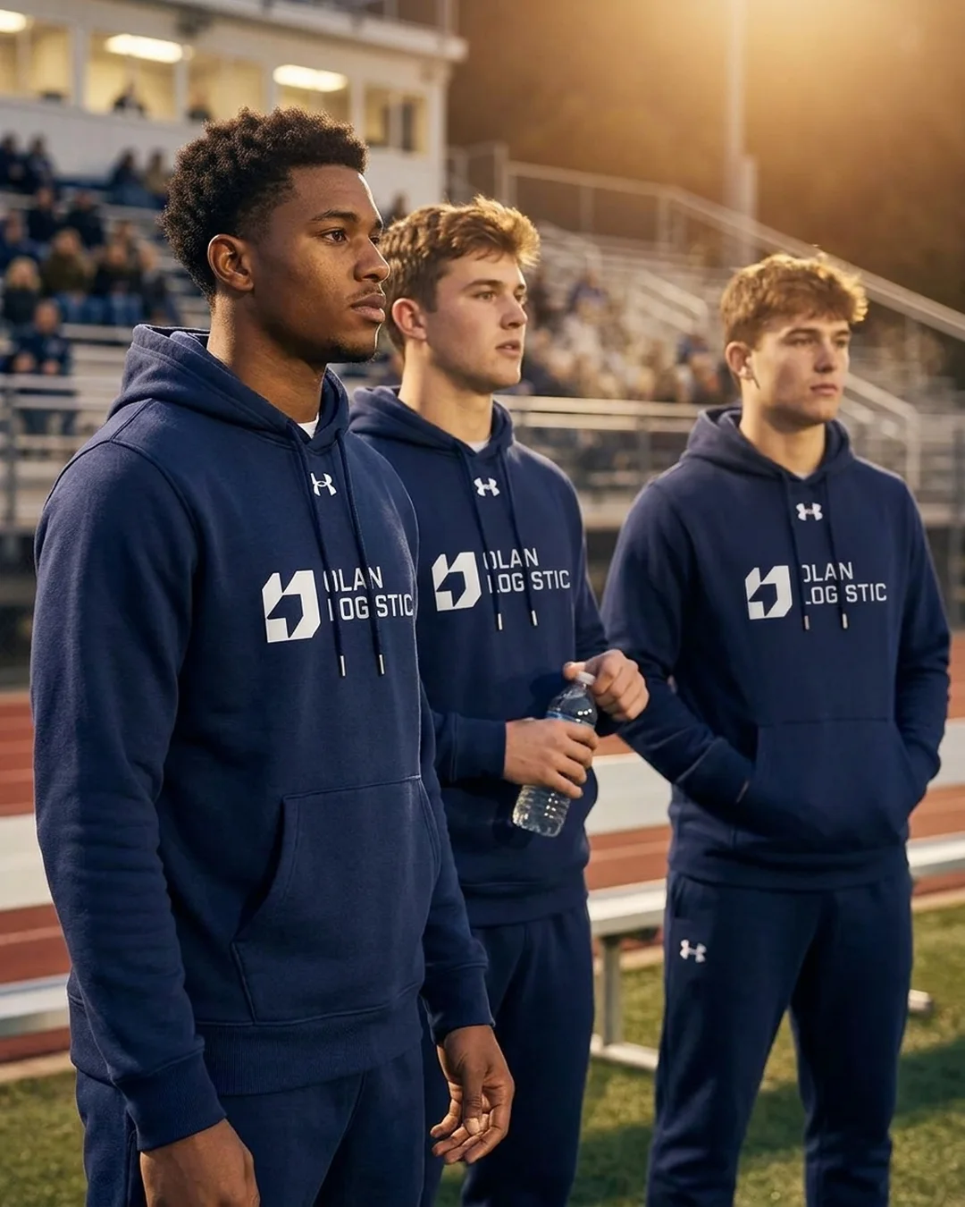 Custom team hoodies on three players at a night game, navy Under Armour Icon fleece with a printed chest logo