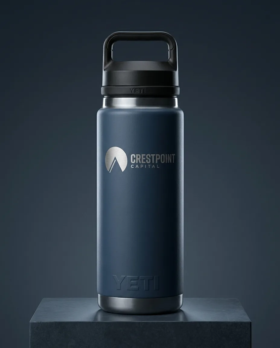 Custom YETI water bottle in navy DuraCoat on a dark slate plinth with a cool rim light, with a laser engraved logo exposing steel on the front