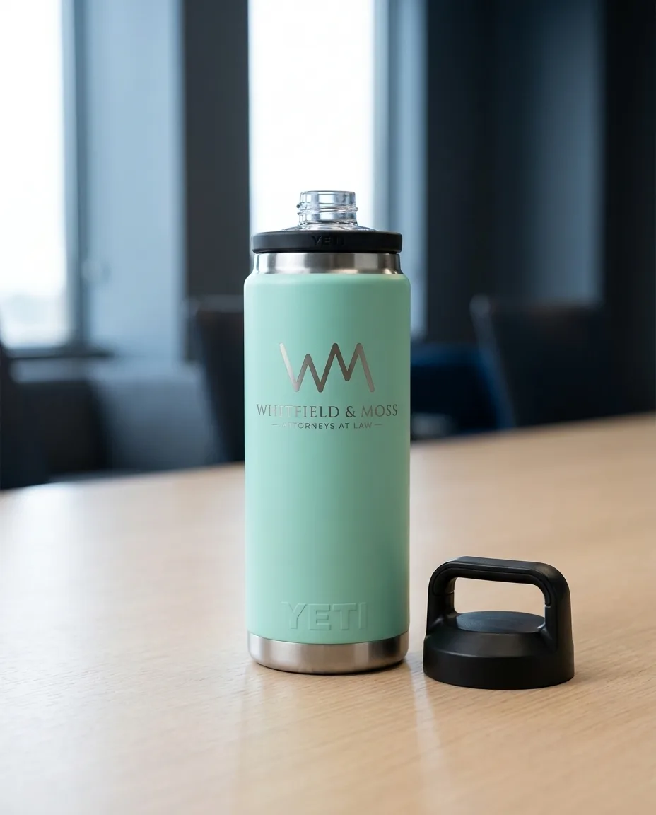Custom YETI water bottle in seafoam shown close on a pale oak desk with the Chug Cap open beside the TripleHaul handle, with an engraved monogram on the body