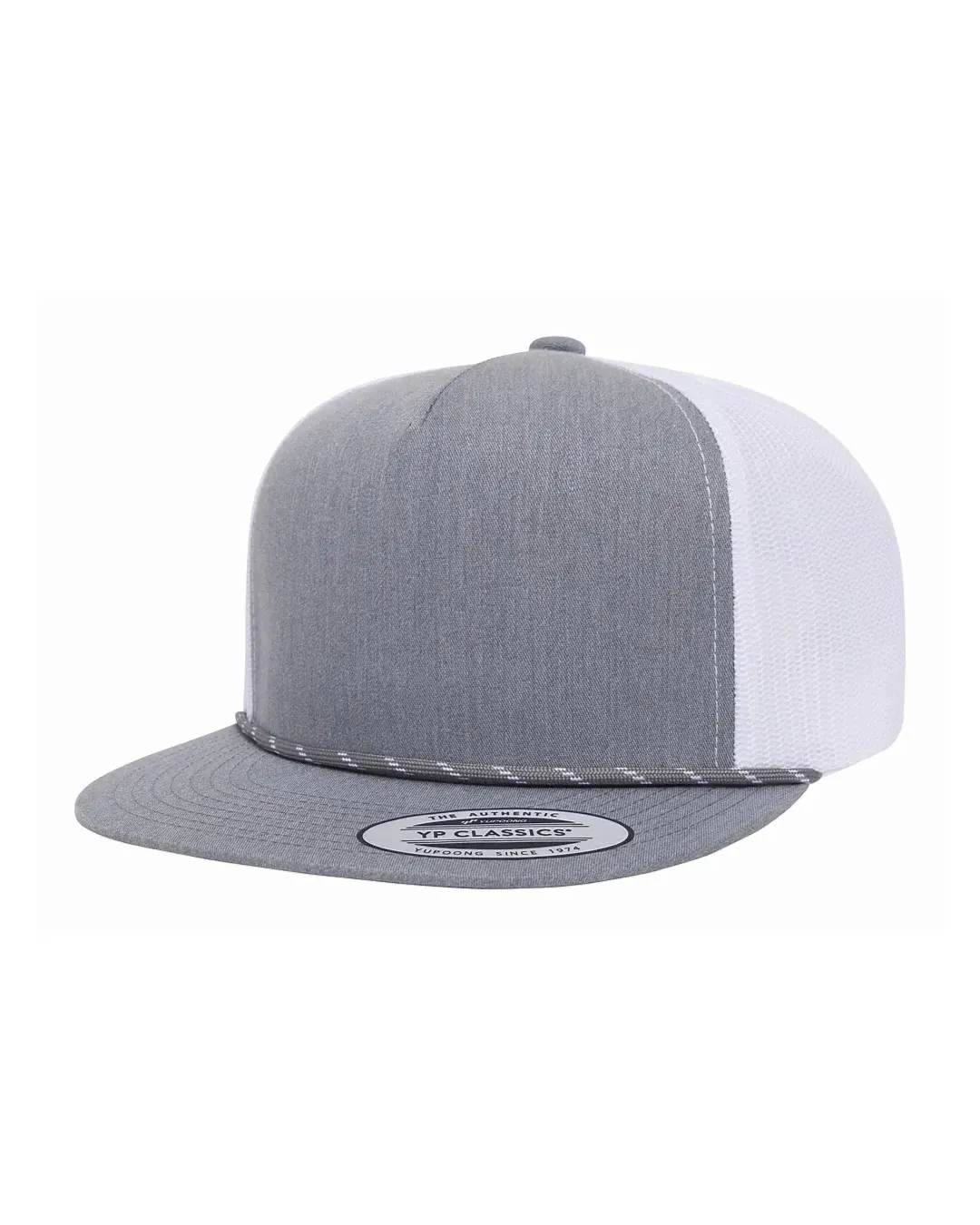 Custom Yupoong hats in Heather Gray / White