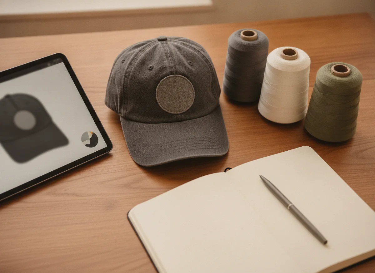 Tablet showing a product proof beside a cap sample, thread cones and a notebook on a walnut desk