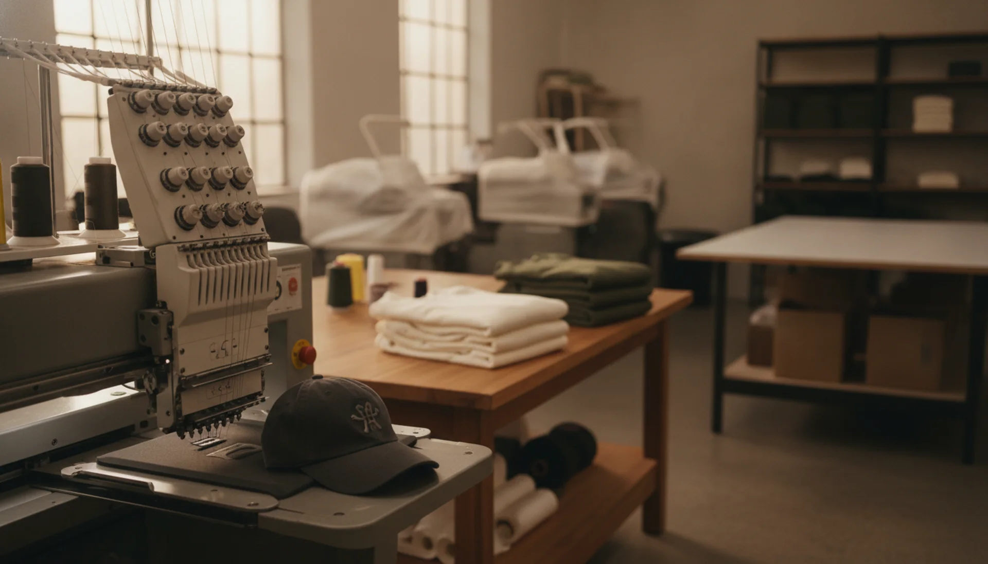 Embroidery machine stitching an emblem onto a charcoal cap in a bright, orderly print workshop