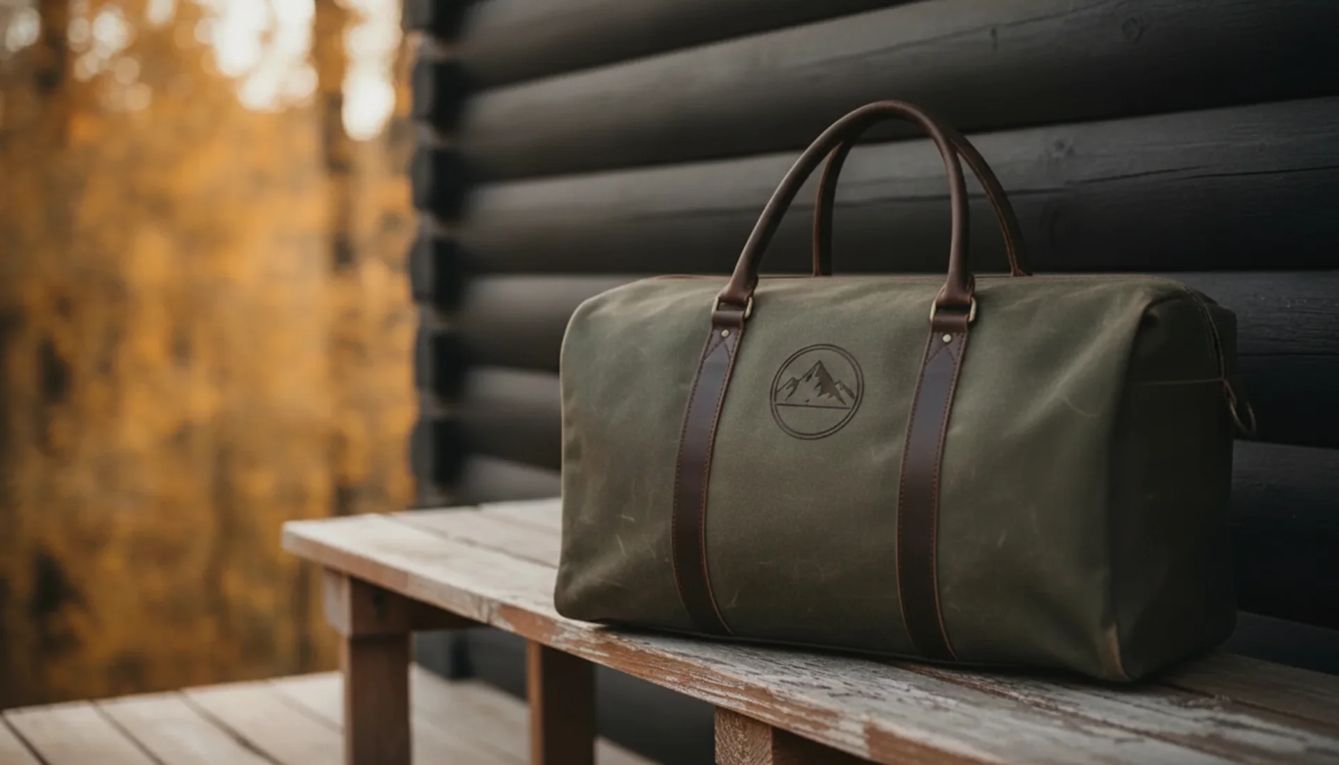 Custom olive canvas weekender duffel on a cabin porch bench in fall