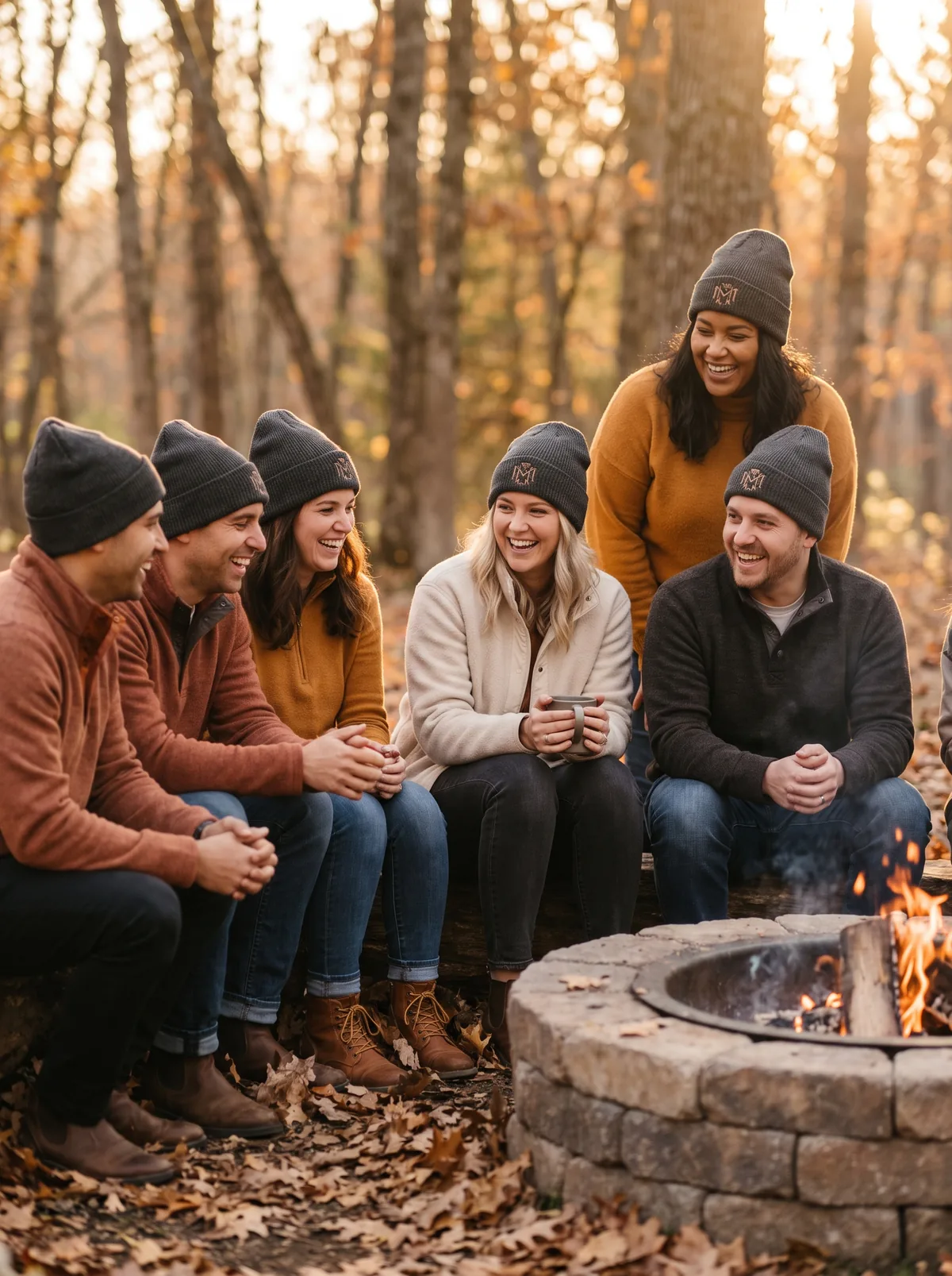 Team in matching custom beanies around a fire