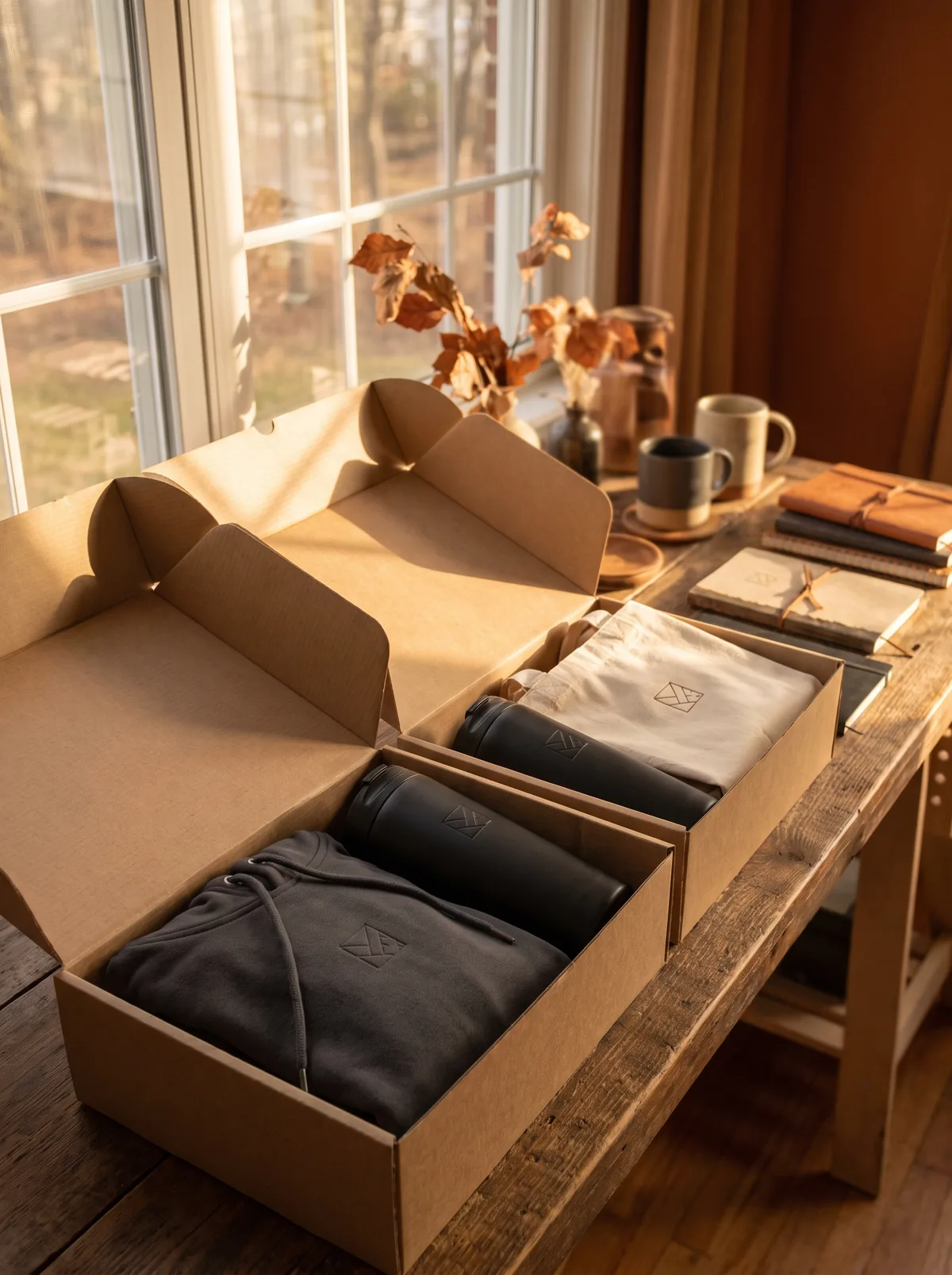 Welcome kit boxes with a hoodie, tumbler and tote
