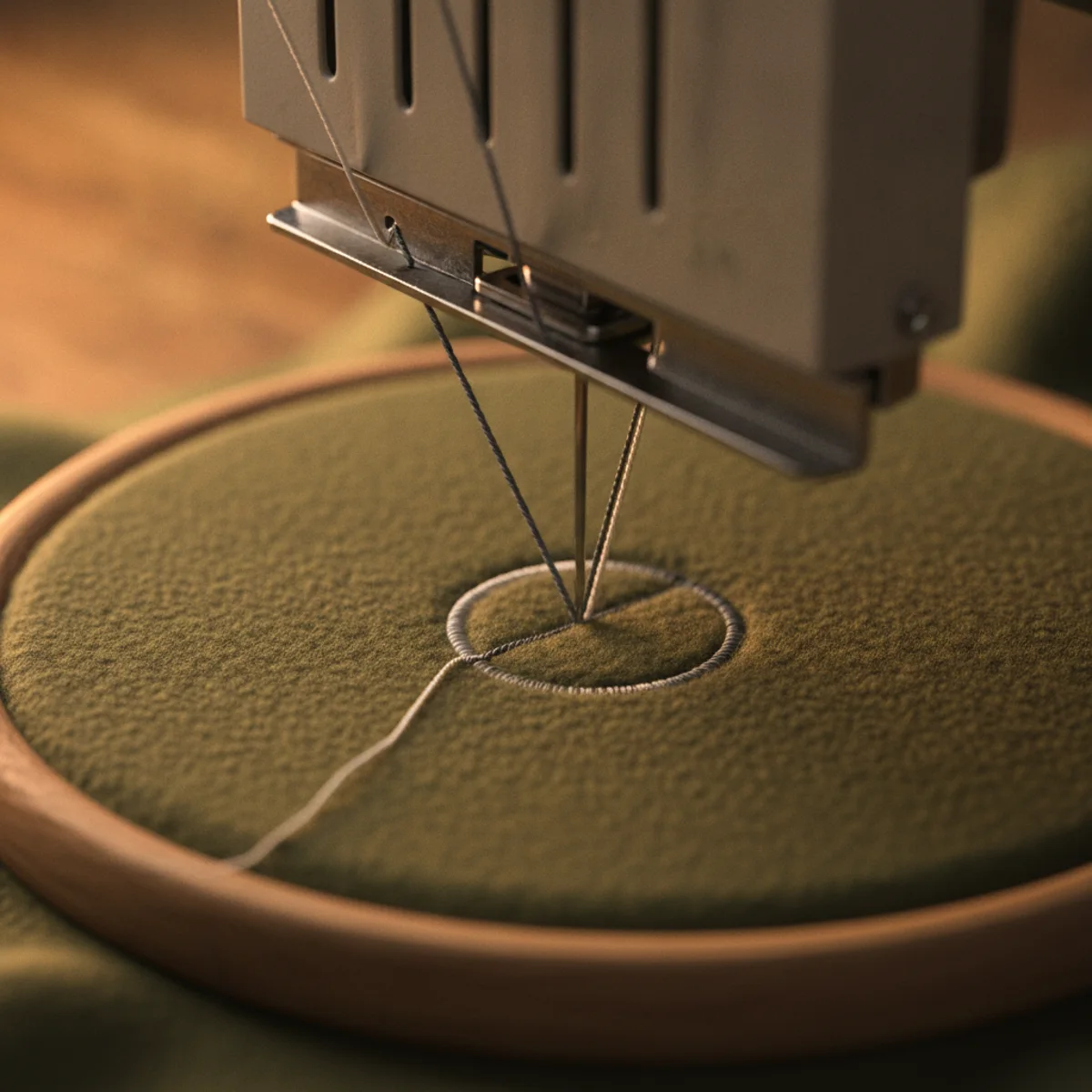 Close-up of embroidery thread forming an emblem on olive fleece