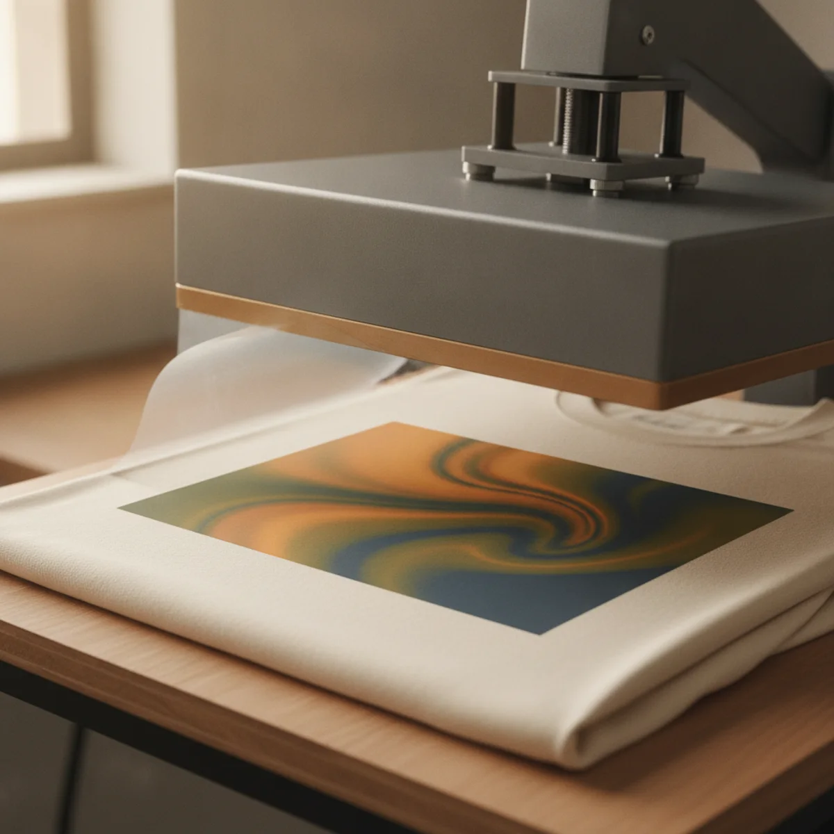 Heat press lifting to reveal a full-color graphic on a cream cotton tee
