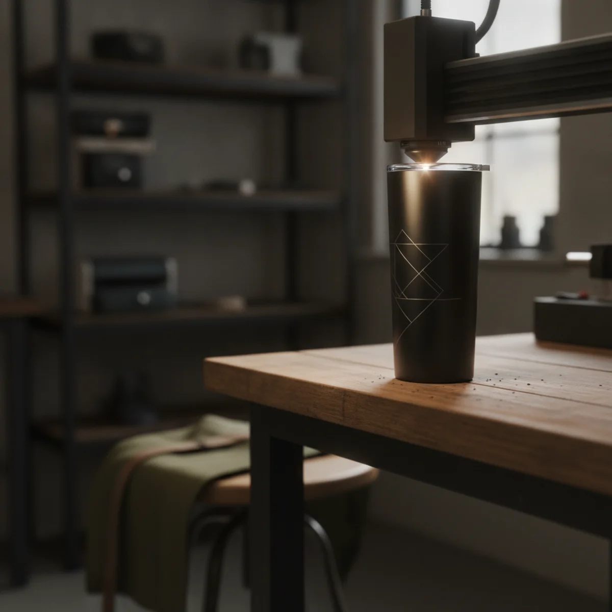 Laser engraver etching a fine mark into a matte black stainless tumbler