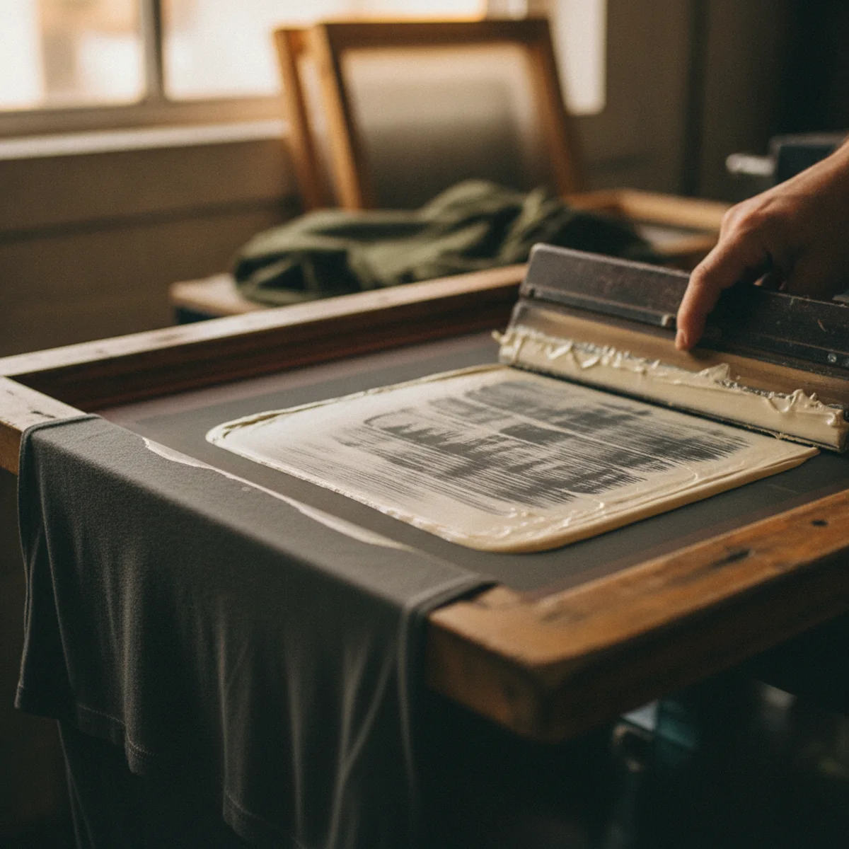 Squeegee pulling cream ink across a screen onto a charcoal t-shirt