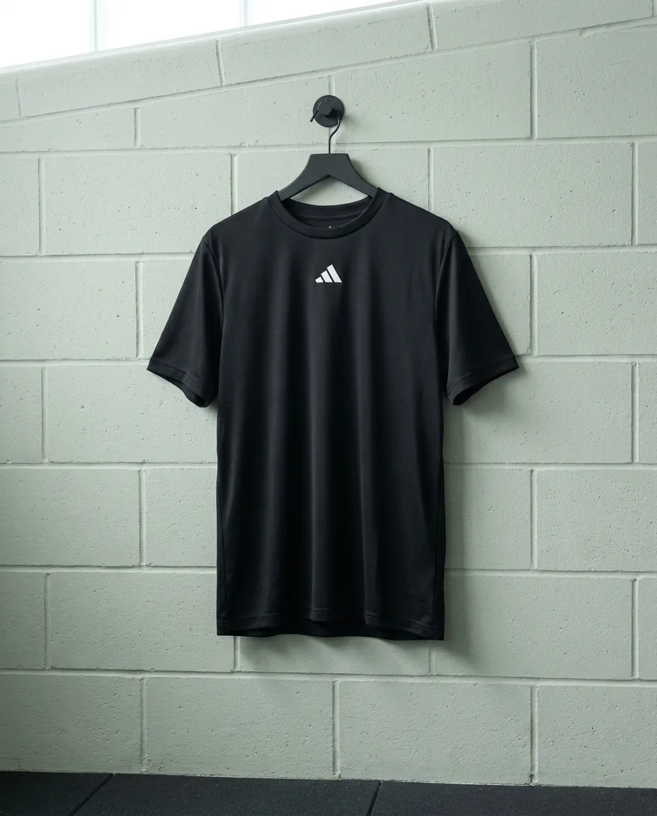 Custom Adidas shirts, black men's Pregame performance tee on a hanger showing the centre chest adidas badge