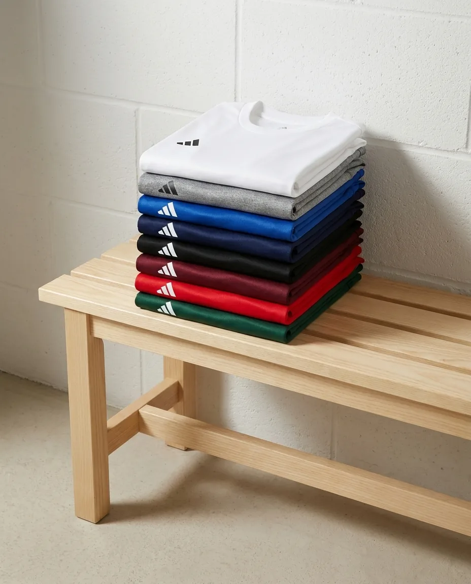 Custom Adidas shirts for women in eight team colors, folded Pregame tees stacked on a bench