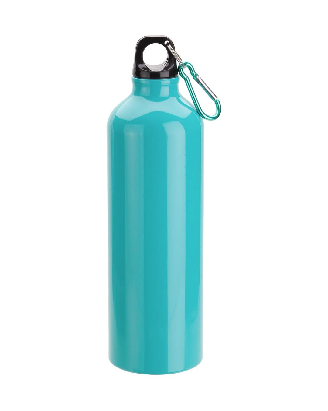 Custom 25 oz aluminum water bottle in aqua blue with a screw cap and matching carabiner clip