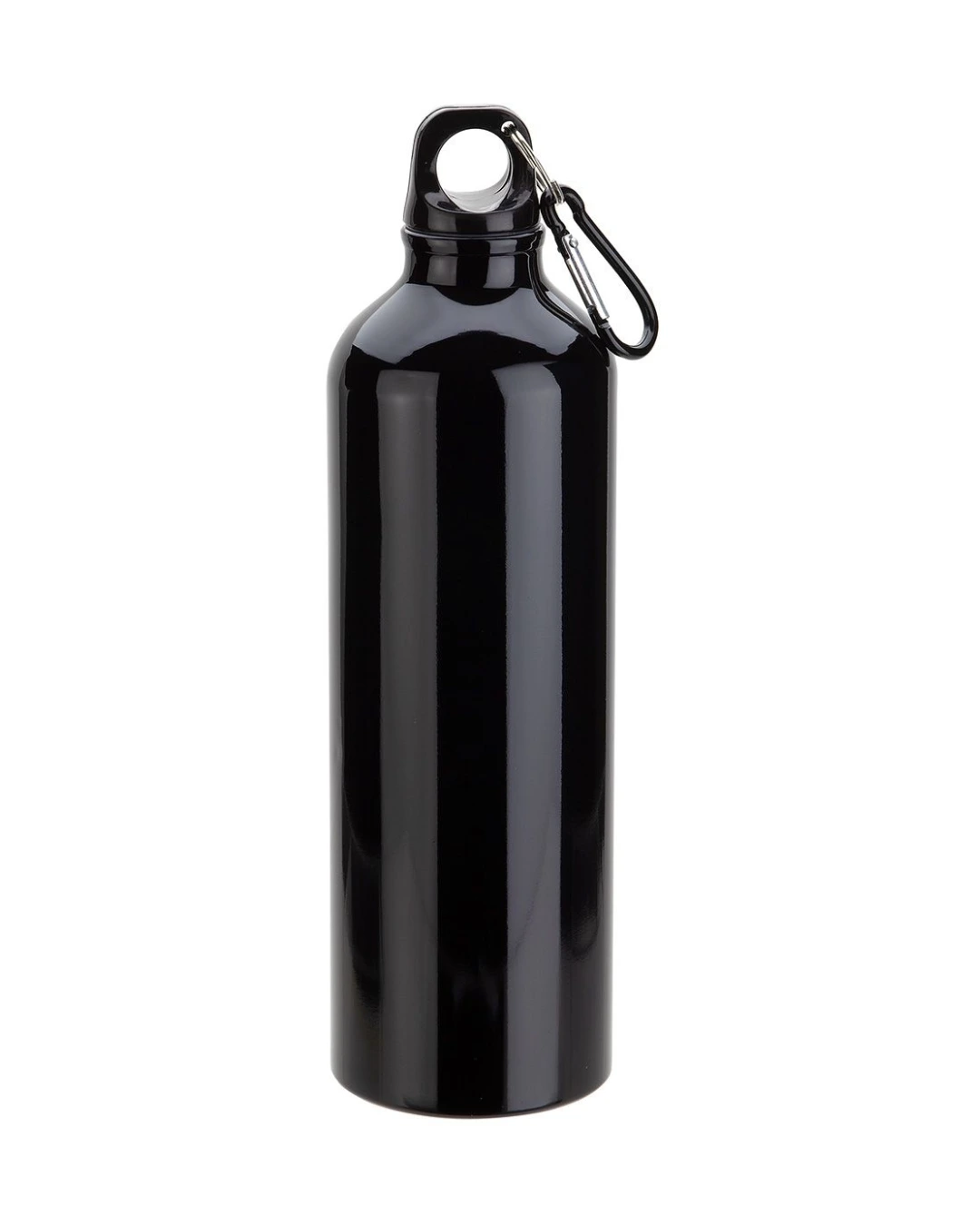 Custom 25 oz aluminum water bottle in black with a screw cap and matching carabiner clip