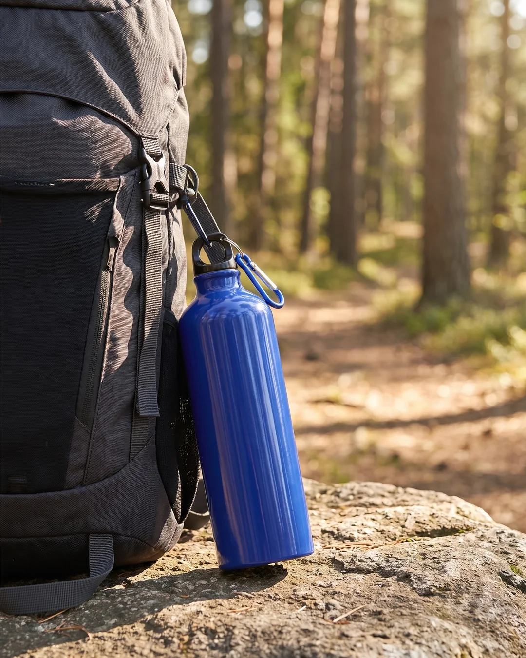 Royal blue custom aluminum water bottle hanging by its cap loop and carabiner from a hiking backpack on a forest trail