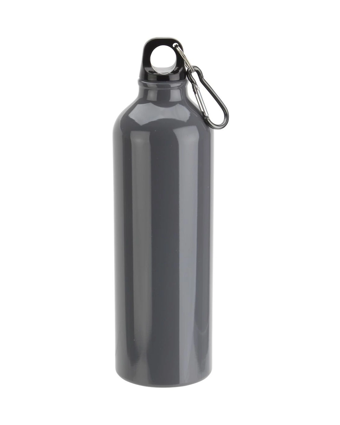 Custom 25 oz aluminum water bottle in charcoal gray with a screw cap and matching carabiner clip