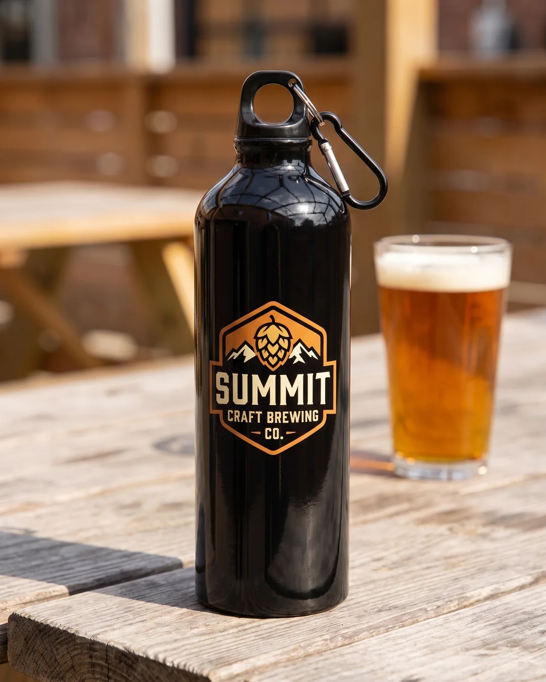 Black custom aluminum water bottle with a full color brewery logo on a picnic table beside a pint of beer