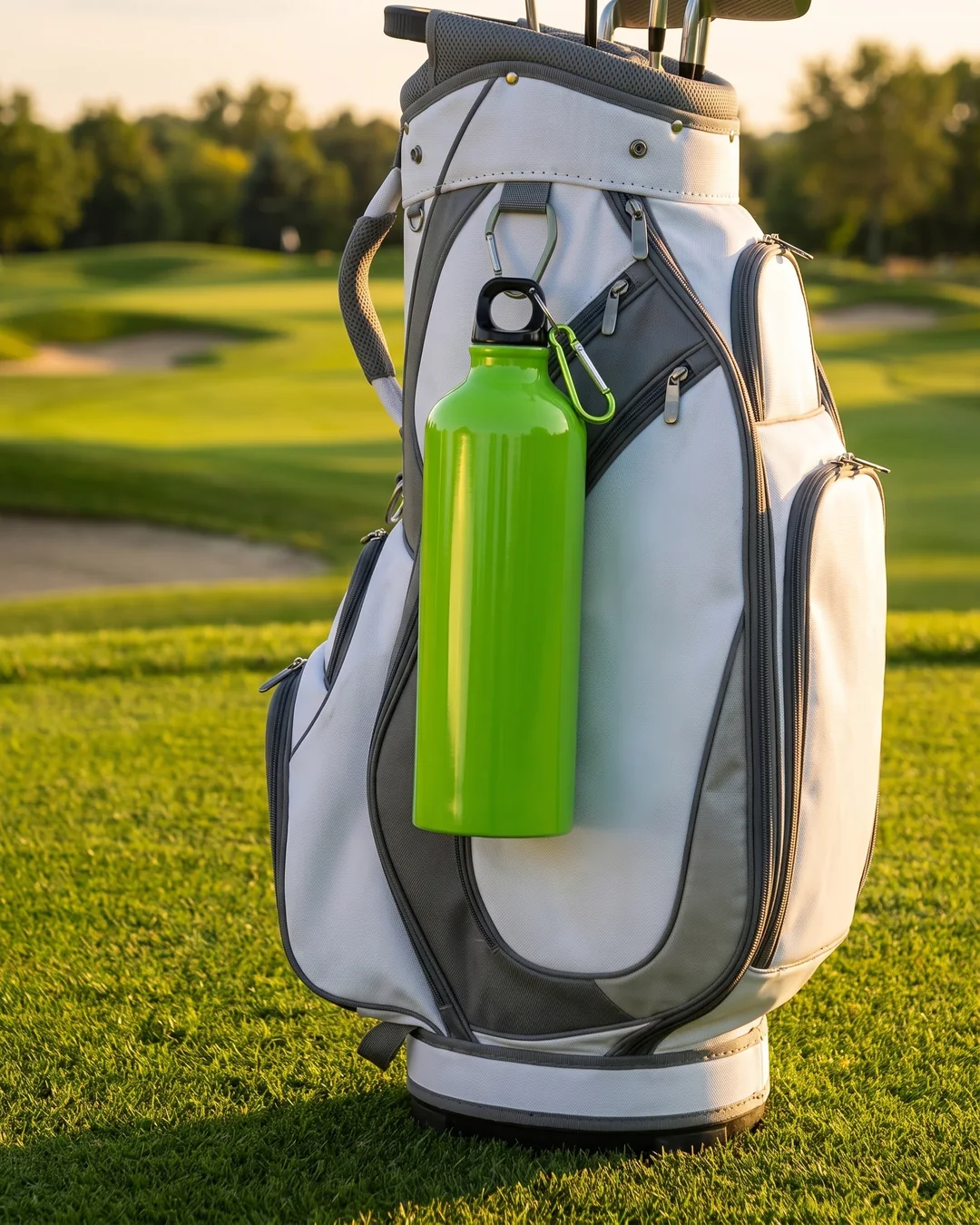 Lime green custom aluminum water bottle clipped with its carabiner to a white golf bag on a fairway at golden hour