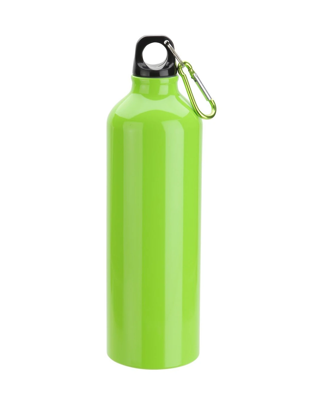 Custom 25 oz aluminum water bottle in lime green with a screw cap and matching carabiner clip