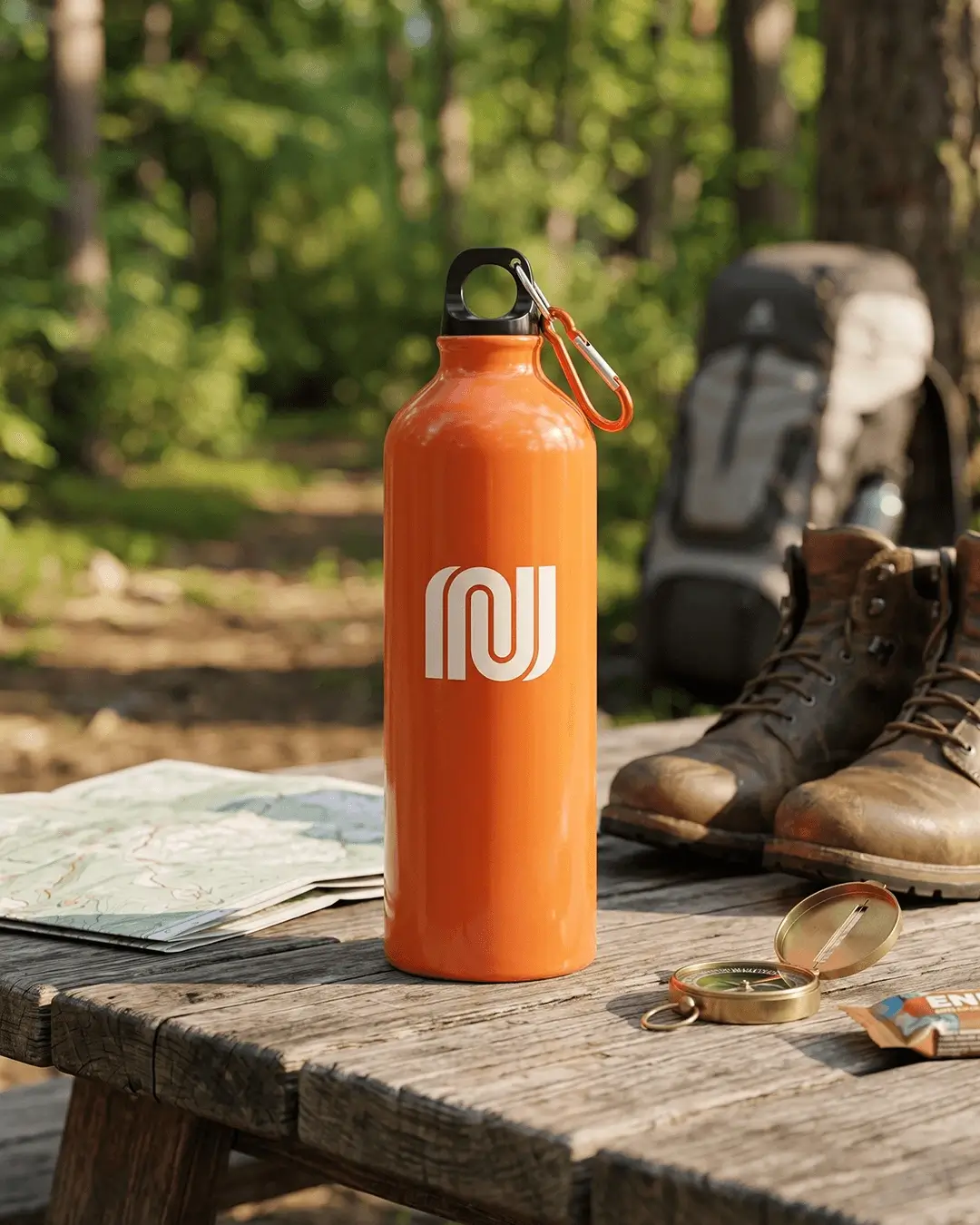 Custom aluminum water bottle with a printed logo outdoors