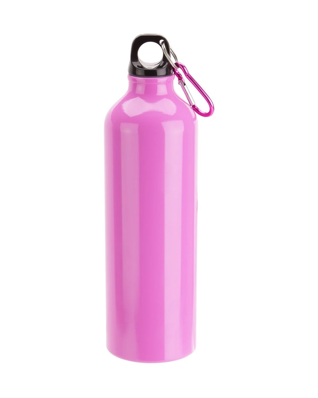 Custom 25 oz aluminum water bottle in pink with a screw cap and matching carabiner clip