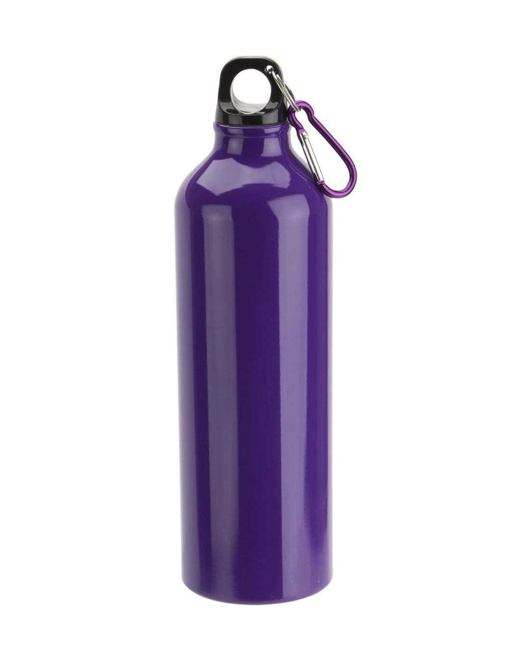 Custom 25 oz aluminum water bottle in purple with a screw cap and matching carabiner clip