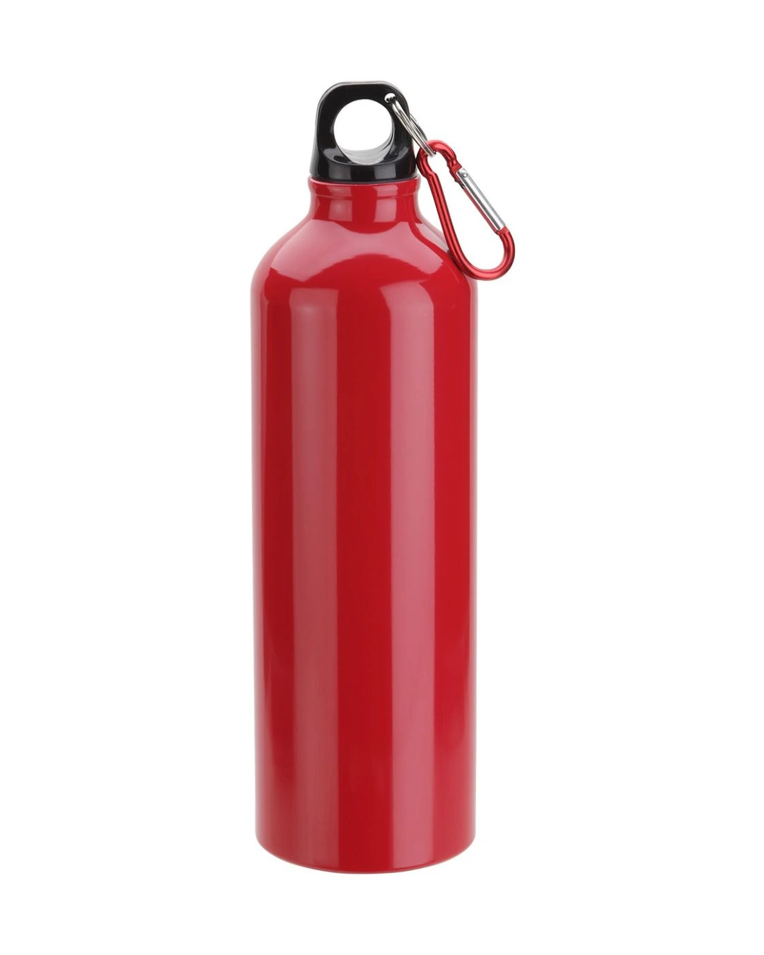 Custom 25 oz aluminum water bottle in red with a screw cap and matching carabiner clip
