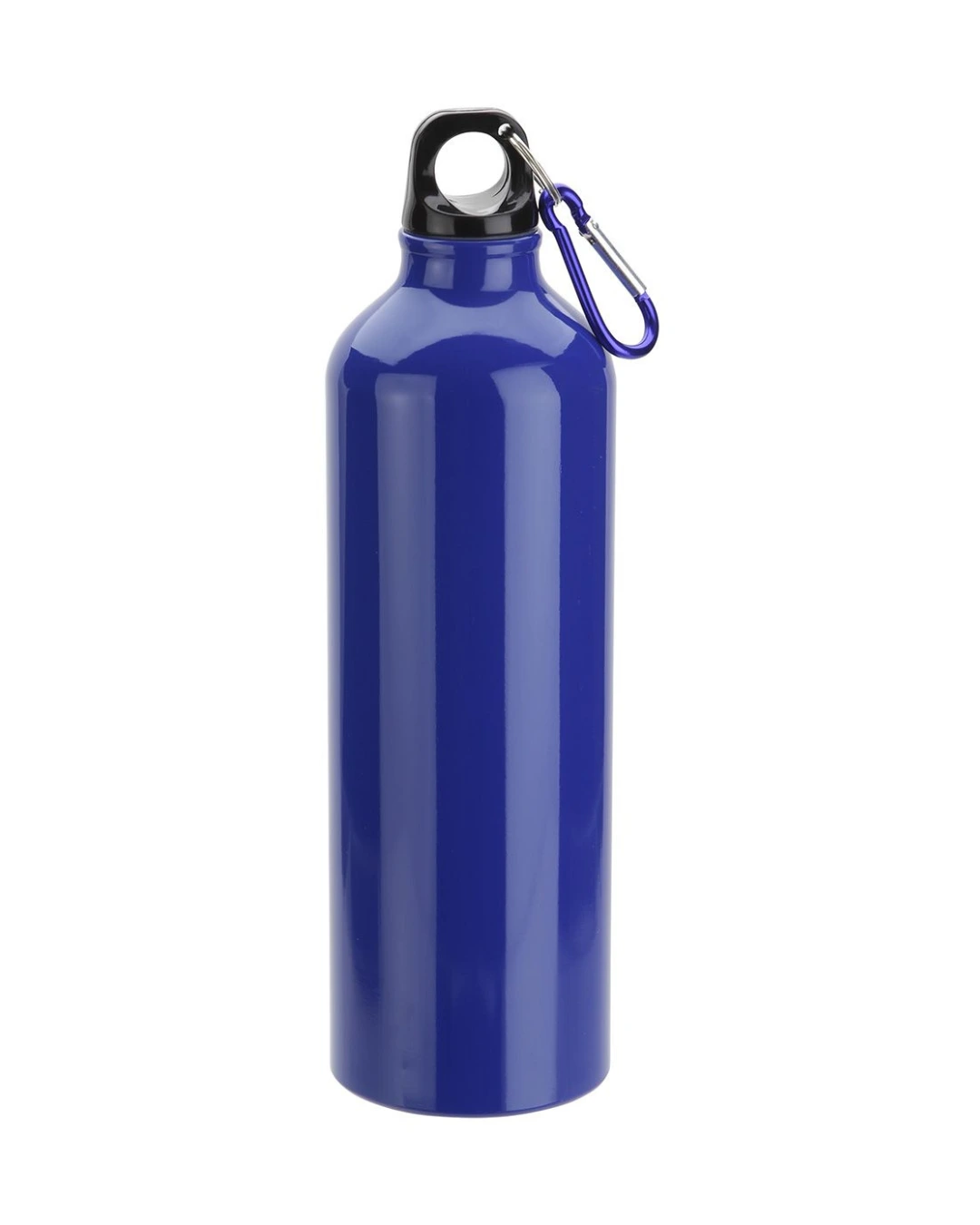 Custom 25 oz aluminum water bottle in royal blue with a screw cap and matching carabiner clip