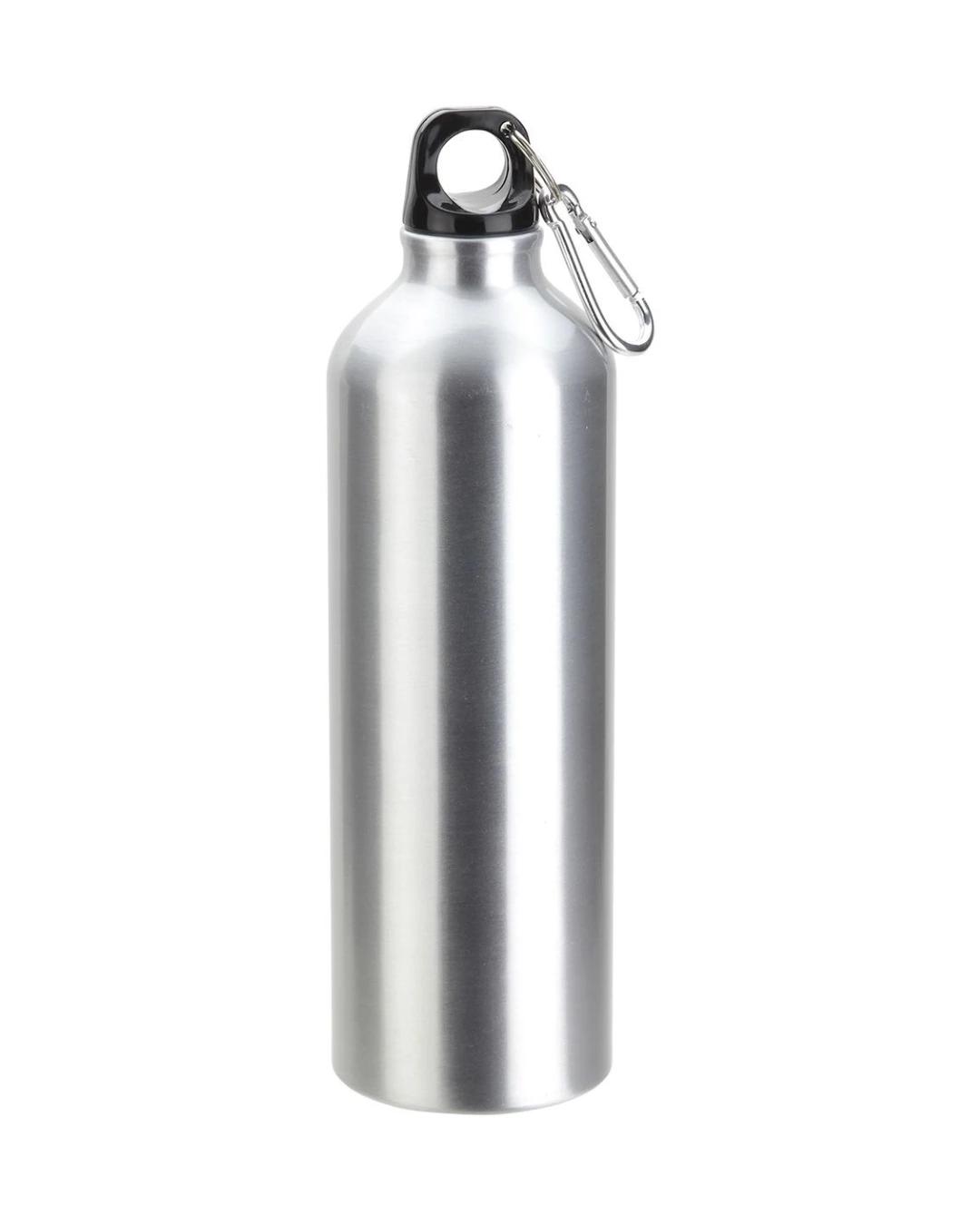 Custom 25 oz aluminum water bottle in silver with a screw cap and matching carabiner clip