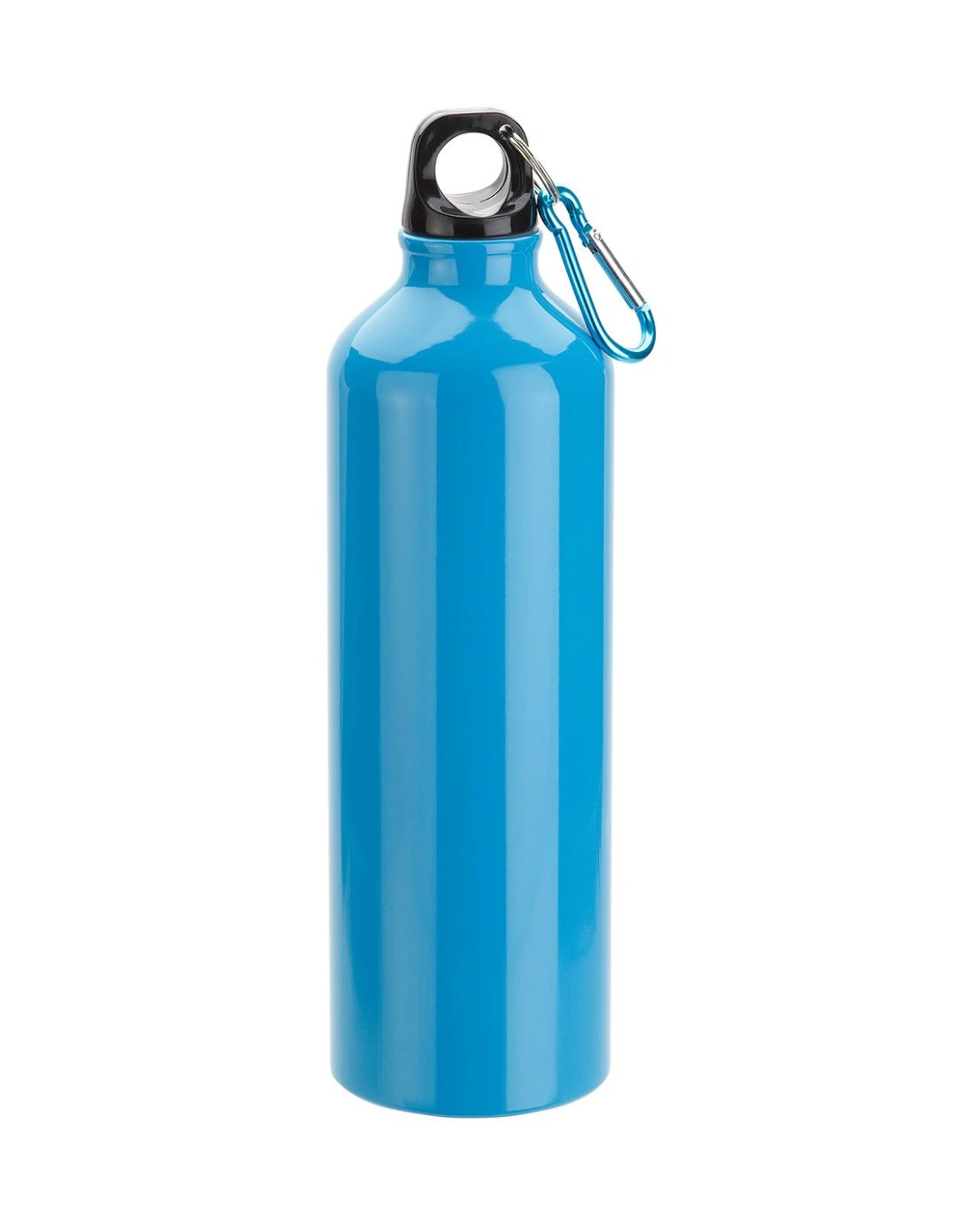 Custom 25 oz aluminum water bottle in teal blue with a screw cap and matching carabiner clip