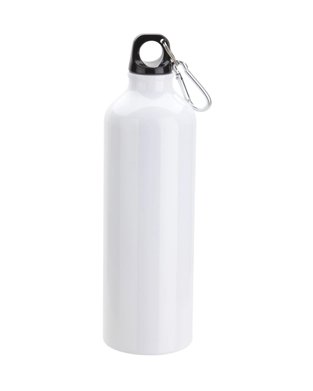 Custom 25 oz aluminum water bottle in white with a screw cap and matching carabiner clip