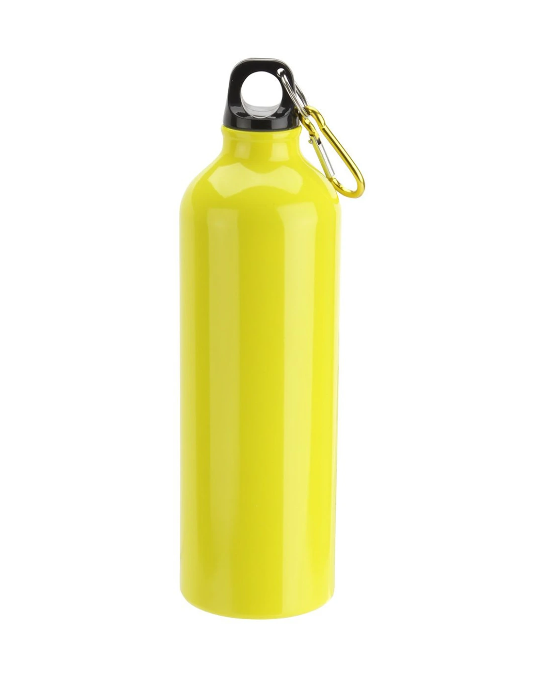 Custom 25 oz aluminum water bottle in yellow with a screw cap and matching carabiner clip