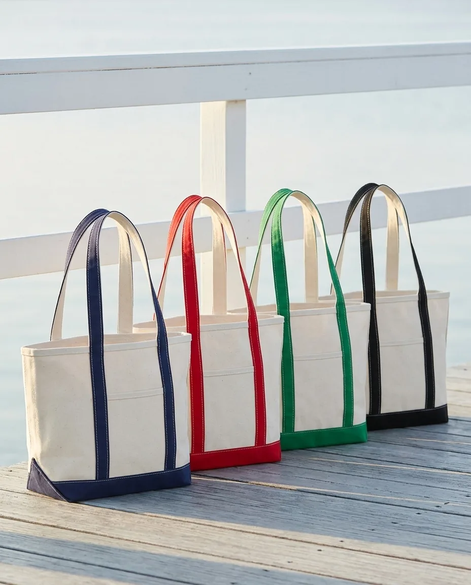 Custom boat totes in four trim colors lined up on a dock