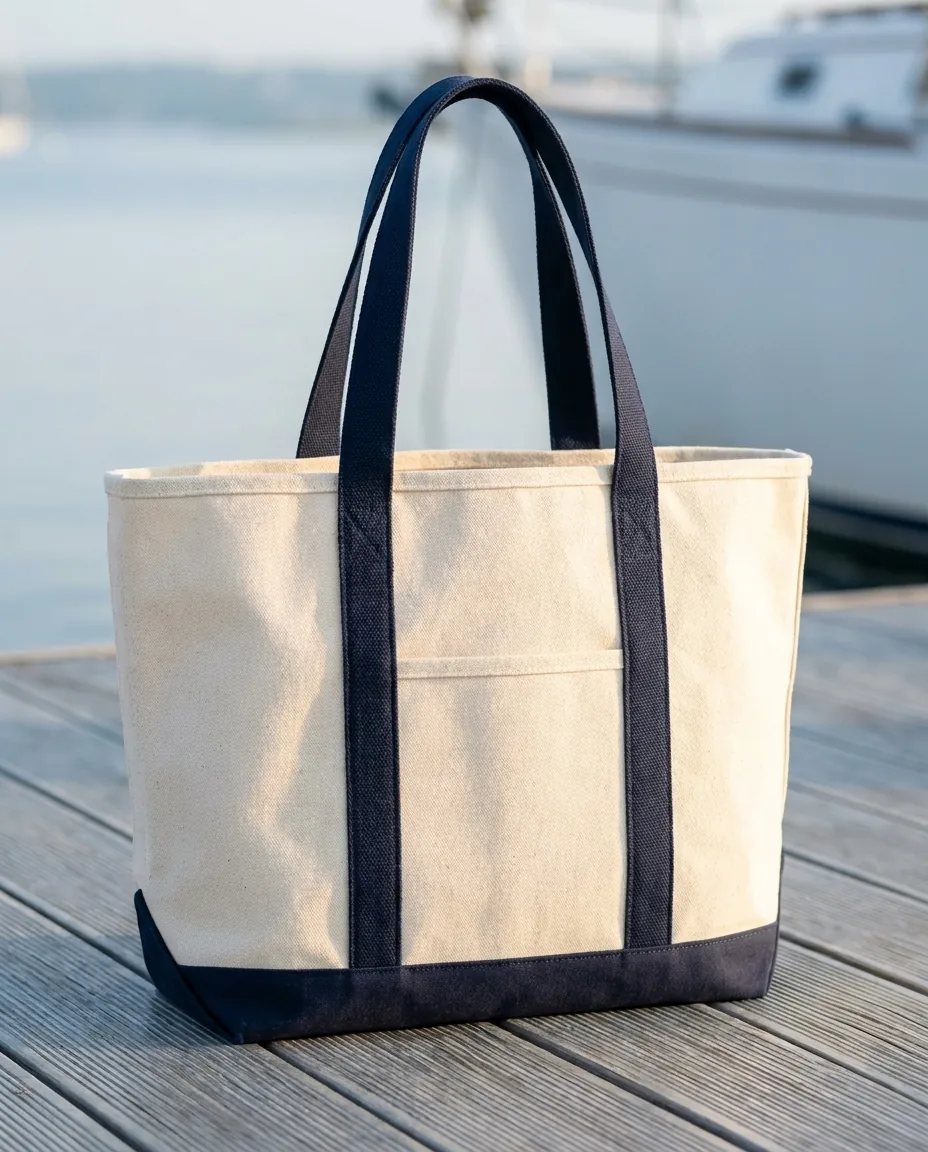 Custom boat totes, natural 24 oz canvas tote with navy handles and front pocket on a dock