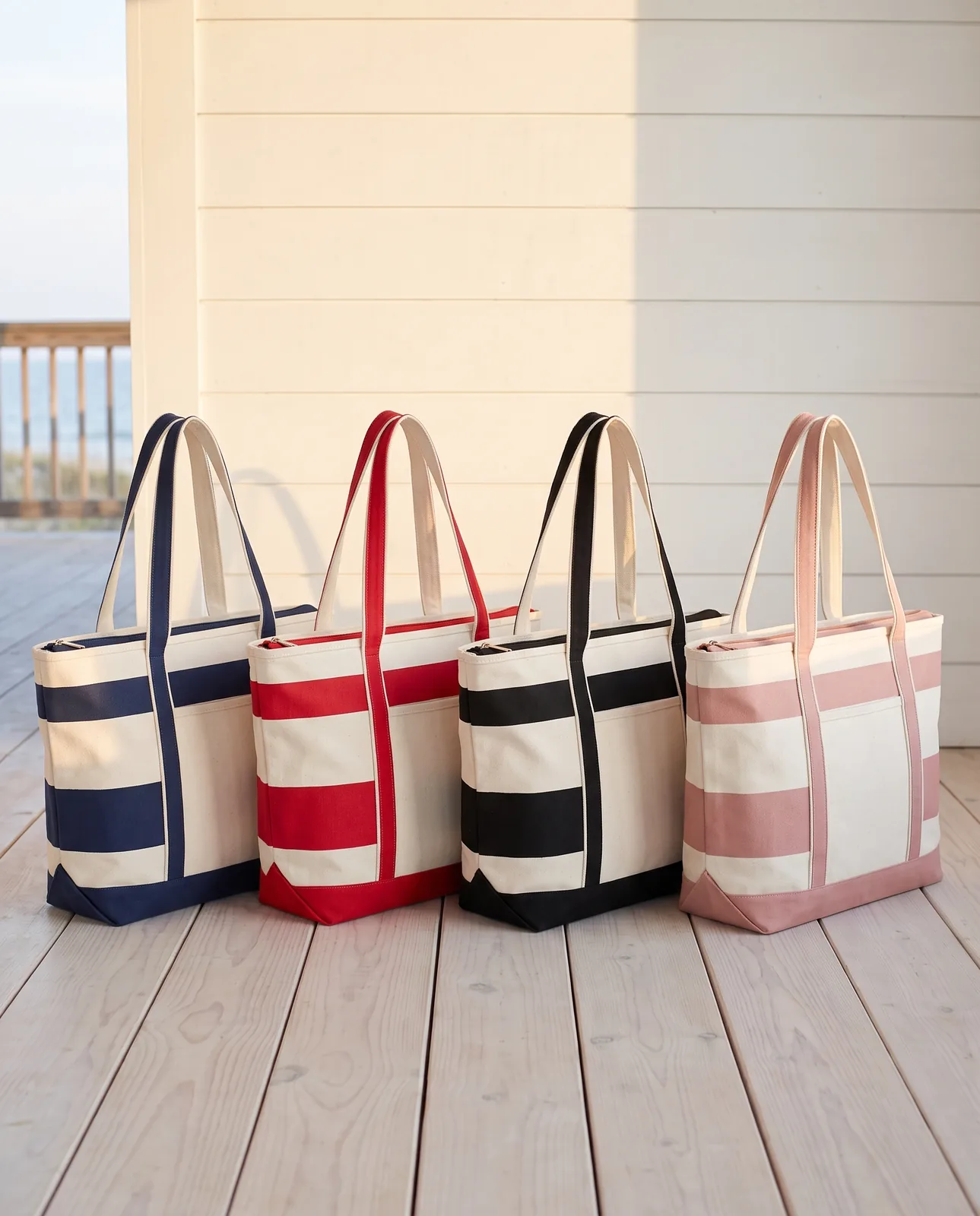Custom boat totes with zipper in Natural / Navy Blue, Red, Black and Pink lined up on a porch deck